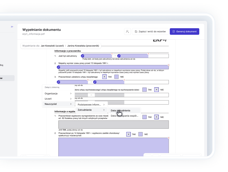 Automatycznie uzupełniaj wzory danymi placówki, uczniów czy pracowników