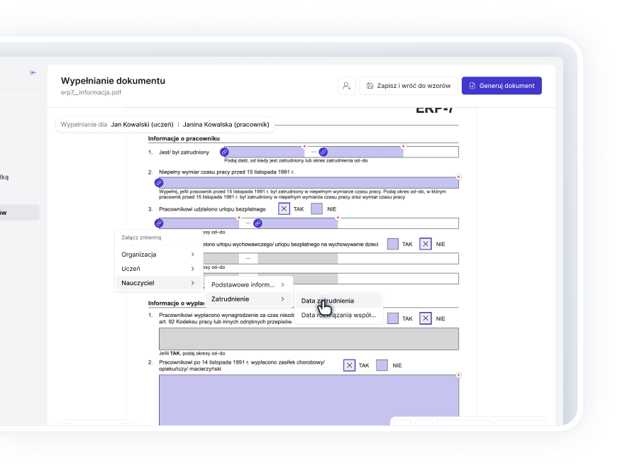 Automatycznie uzupełniaj wzory danymi placówki, uczniów czy pracowników